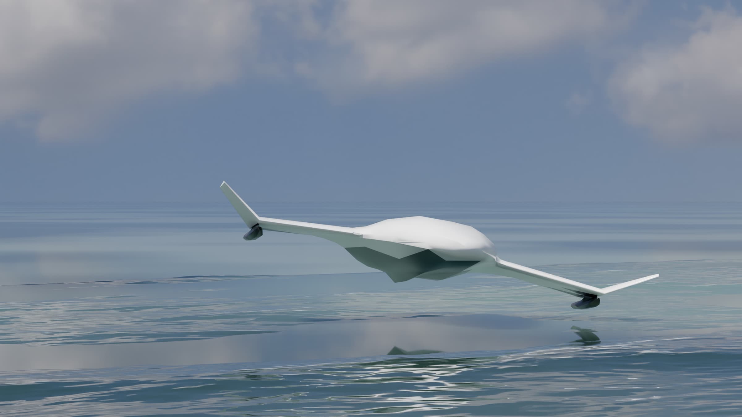 Concept render of the Waterfly blended-wing-body craft skimming a turquoise lagoon